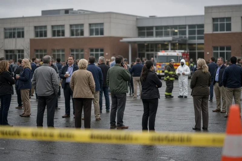Evacuated office workers stand in a wet parking lot behind yellow caution tape outside a low-rise government building while a firefighter and a responder in a white protective suit confer beside a fire engine