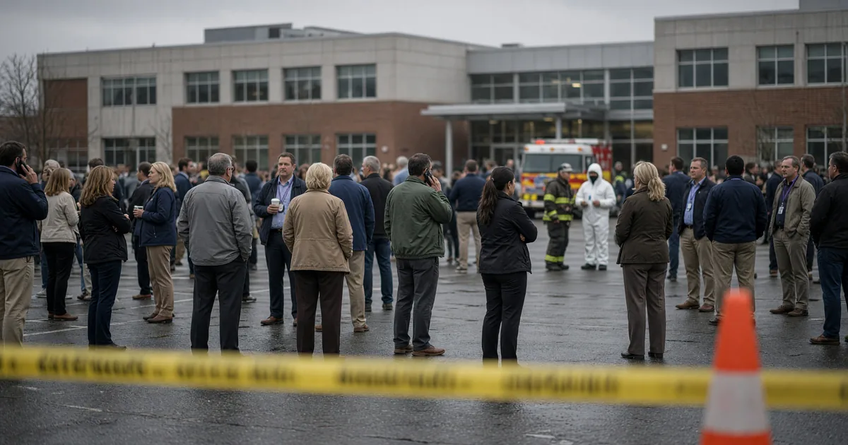 Evacuated office workers stand in a wet parking lot behind yellow caution tape outside a low-rise government building while a firefighter and a responder in a white protective suit confer beside a fire engine