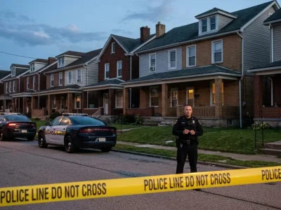 A police officer stands behind yellow tape near two patrol cars on a row-house street in Erie, Pennsylvania, at dusk