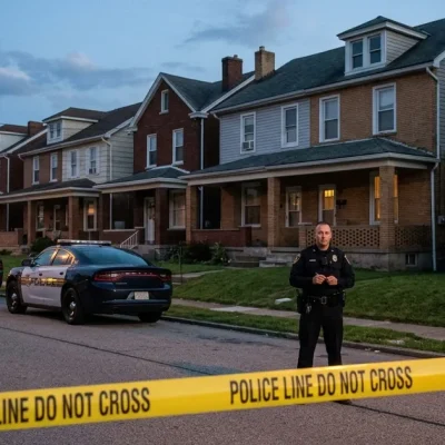 A police officer stands behind yellow tape near two patrol cars on a row-house street in Erie, Pennsylvania, at dusk