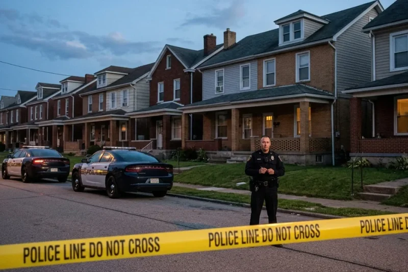 A police officer stands behind yellow tape near two patrol cars on a row-house street in Erie, Pennsylvania, at dusk