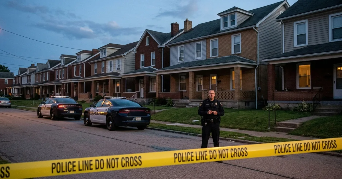 A police officer stands behind yellow tape near two patrol cars on a row-house street in Erie, Pennsylvania, at dusk
