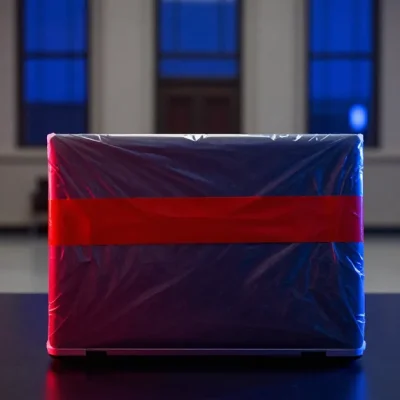 A closed laptop sealed in a clear evidence bag with red tape on a dark table in a courtroom lit blue and red