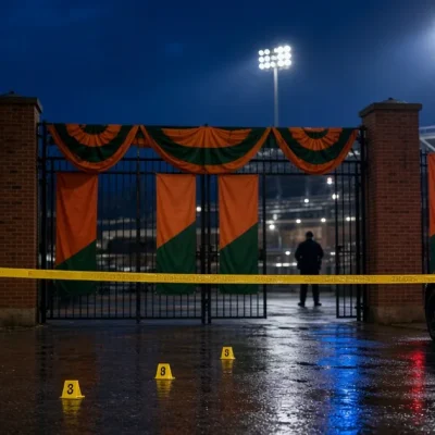 Orange and green homecoming bunting on a stadium gate behind yellow police tape at night, evidence markers on the wet pavement and a police cruiser with flashing lights at the right edge