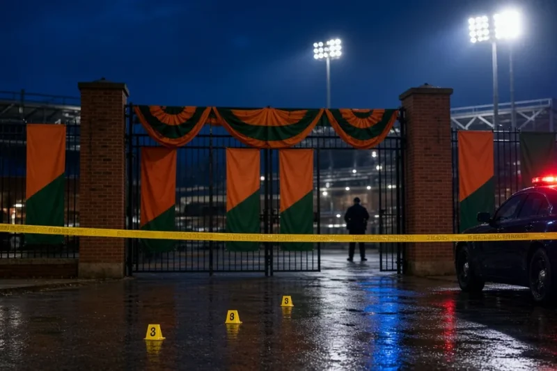 Orange and green homecoming bunting on a stadium gate behind yellow police tape at night, evidence markers on the wet pavement and a police cruiser with flashing lights at the right edge