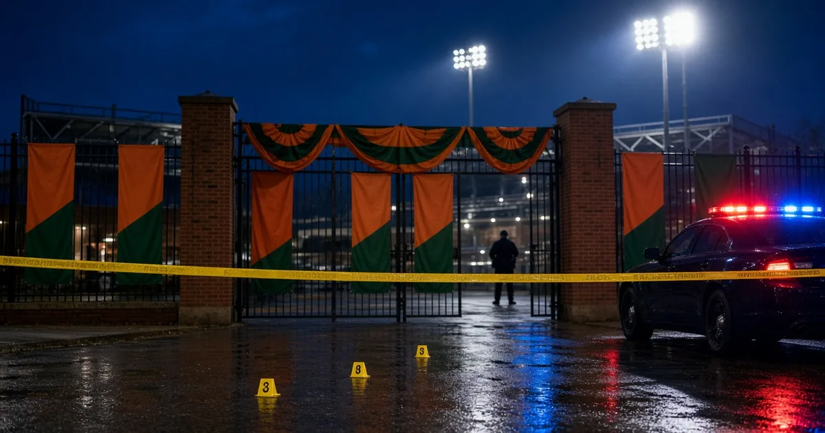 Orange and green homecoming bunting on a stadium gate behind yellow police tape at night, evidence markers on the wet pavement and a police cruiser with flashing lights at the right edge