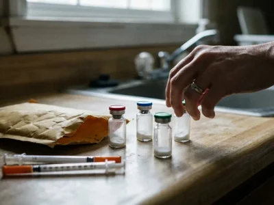 A hand reaches for one of four small unlabeled glass vials on a kitchen counter beside an opened padded mailer and two capped insulin syringes