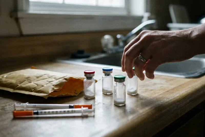 A hand reaches for one of four small unlabeled glass vials on a kitchen counter beside an opened padded mailer and two capped insulin syringes