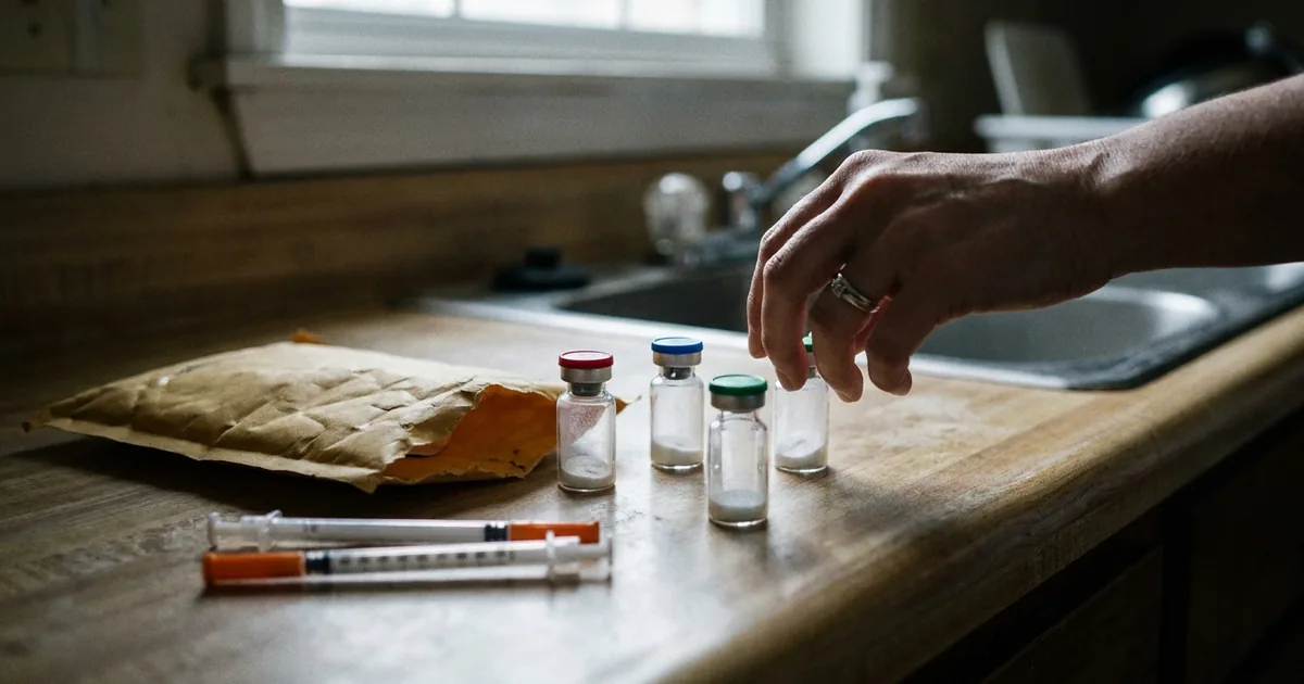 A hand reaches for one of four small unlabeled glass vials on a kitchen counter beside an opened padded mailer and two capped insulin syringes