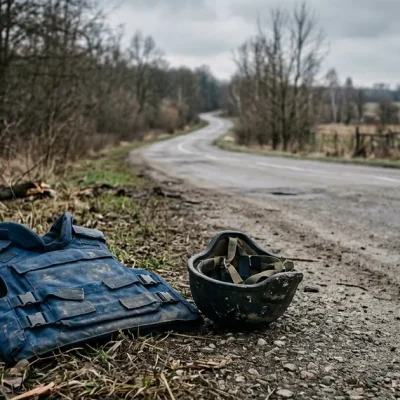A blue press flak vest and a worn helmet lying on an empty country road outside Kyiv in early spring