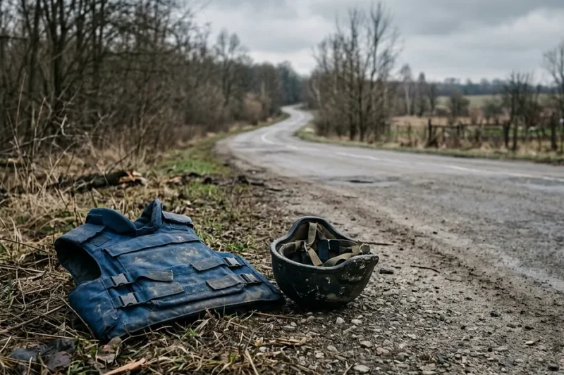 A blue press flak vest and a worn helmet lying on an empty country road outside Kyiv in early spring