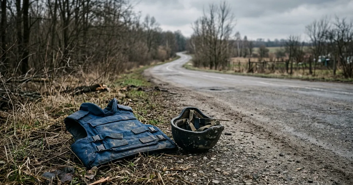 A blue press flak vest and a worn helmet lying on an empty country road outside Kyiv in early spring