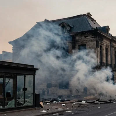 Smoke drifts from a fire-damaged stone building as riot police walk away down a street strewn with debris and broken glass