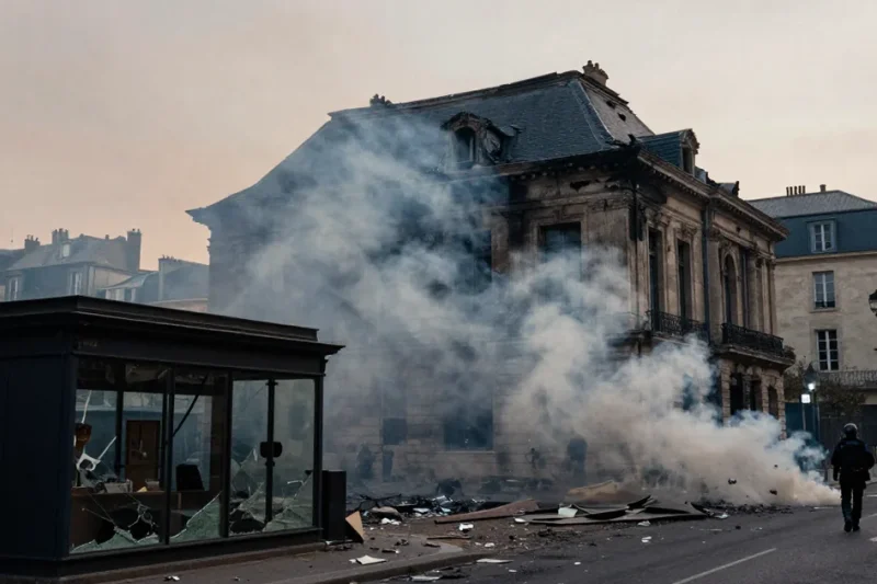 Smoke drifts from a fire-damaged stone building as riot police walk away down a street strewn with debris and broken glass
