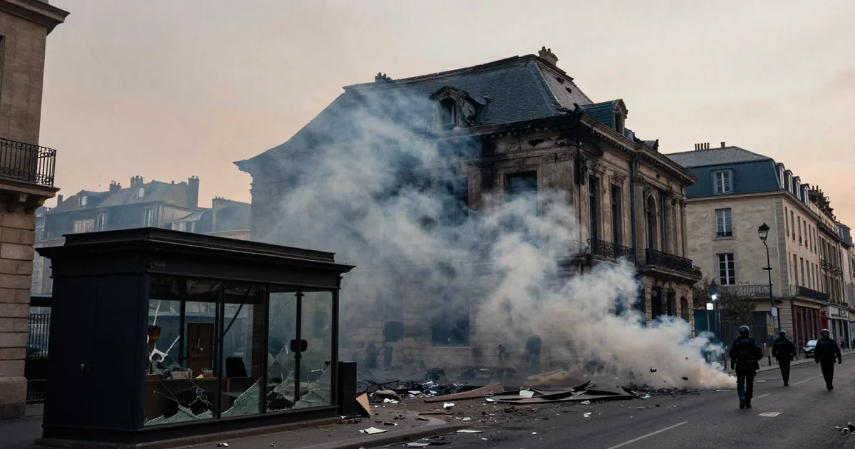 Smoke drifts from a fire-damaged stone building as riot police walk away down a street strewn with debris and broken glass