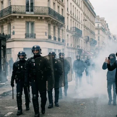 Riot police in helmets and shields advance through tear gas toward masked protesters near a burned car and newspaper kiosk on a Paris street.