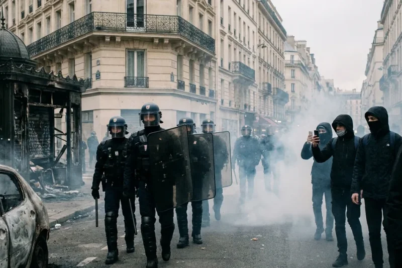 Riot police in helmets and shields advance through tear gas toward masked protesters near a burned car and newspaper kiosk on a Paris street.