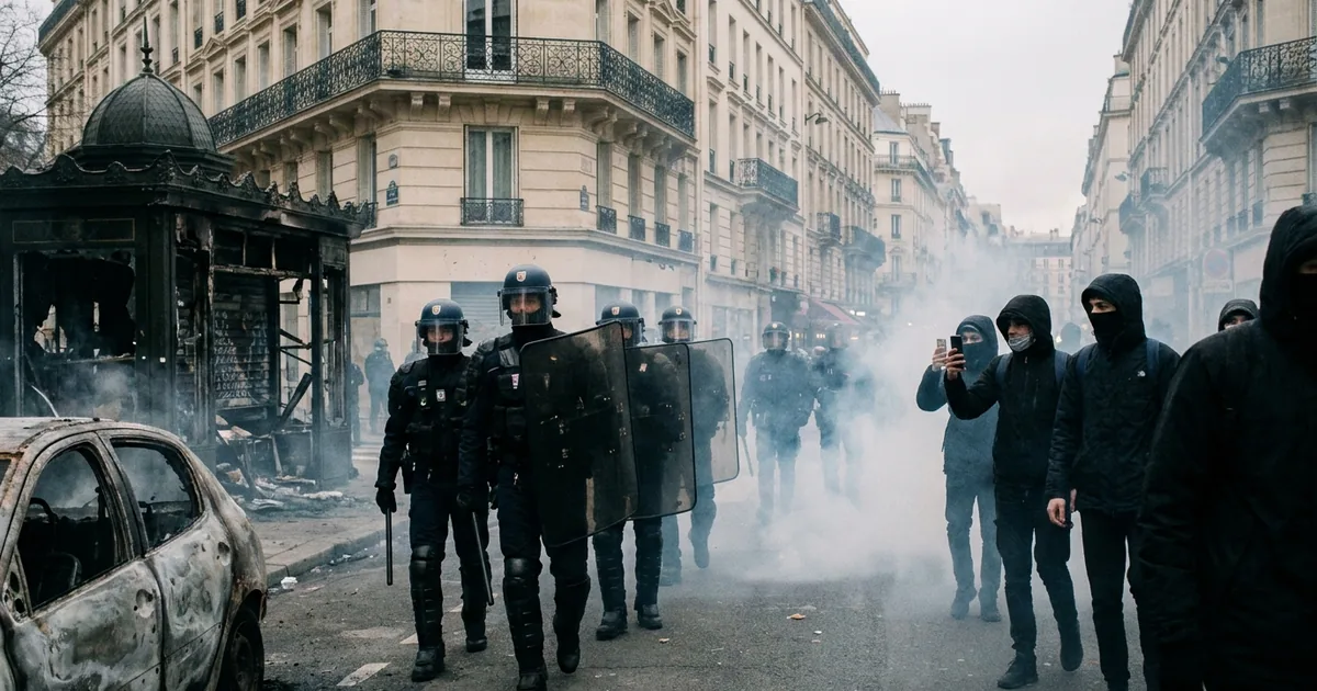 Riot police in helmets and shields advance through tear gas toward masked protesters near a burned car and newspaper kiosk on a Paris street.
