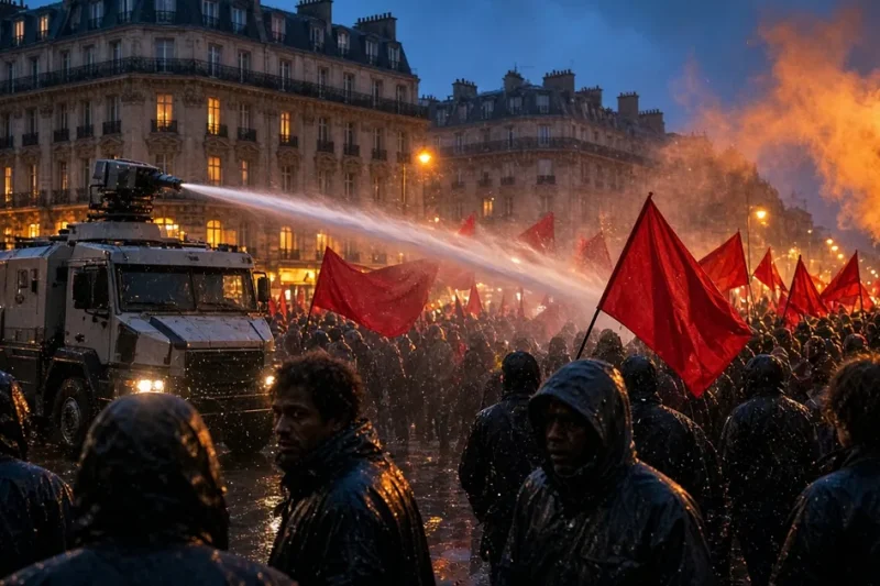A police water cannon truck sprays a jet over a crowd of protesters with red flags on a Paris boulevard at dusk
