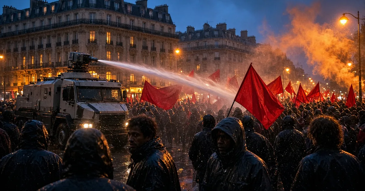 A police water cannon truck sprays a jet over a crowd of protesters with red flags on a Paris boulevard at dusk