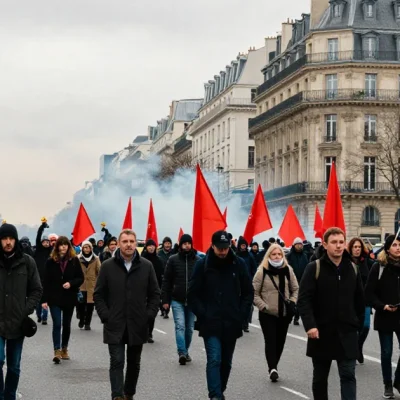 Protesters with red union flags march down a Paris boulevard as tear gas drifts in the distance