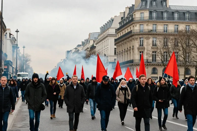 Protesters with red union flags march down a Paris boulevard as tear gas drifts in the distance