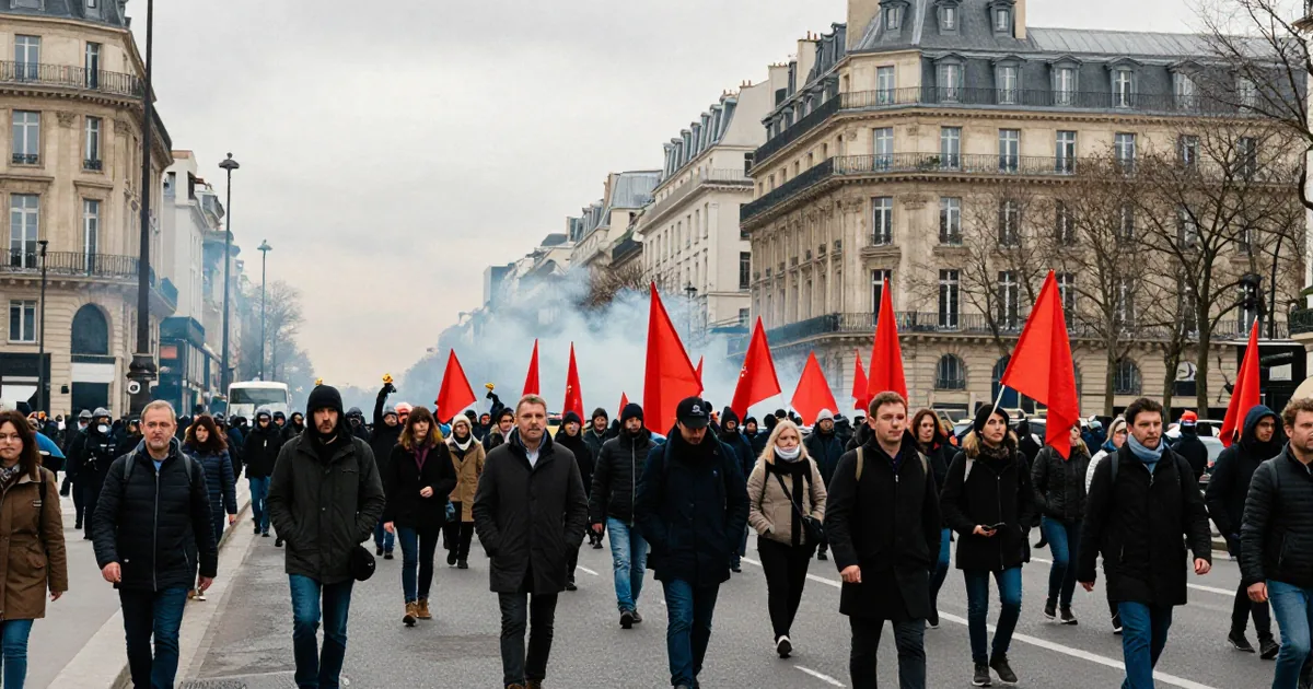 Protesters with red union flags march down a Paris boulevard as tear gas drifts in the distance