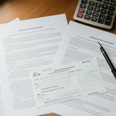Overhead view of printed press-release pages on a wooden desk with a paper check laid across them, a fountain pen, a calculator and a cup of coffee