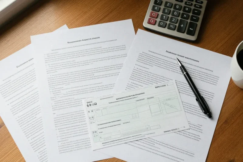 Overhead view of printed press-release pages on a wooden desk with a paper check laid across them, a fountain pen, a calculator and a cup of coffee