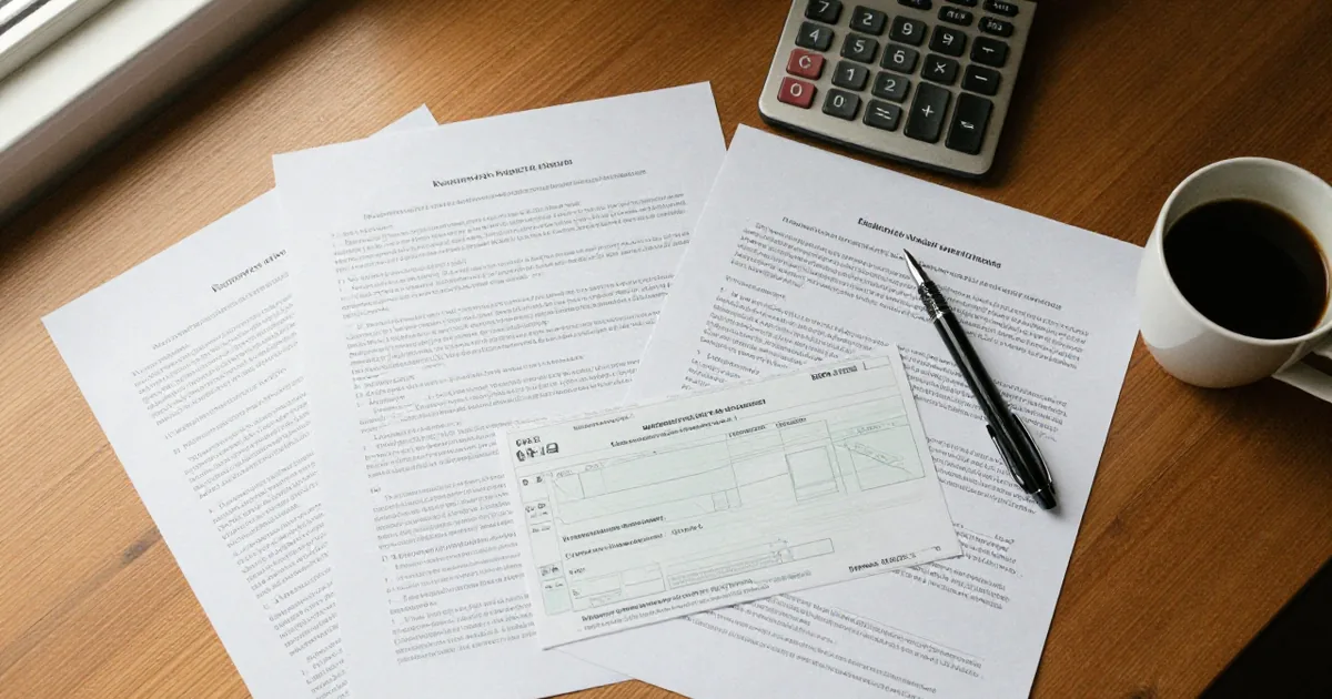 Overhead view of printed press-release pages on a wooden desk with a paper check laid across them, a fountain pen, a calculator and a cup of coffee