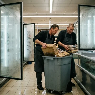 Two supermarket employees in aprons empty boxes and packaged food from a chest freezer into a grey waste bin in a frozen-food aisle with fogged freezer doors standing open