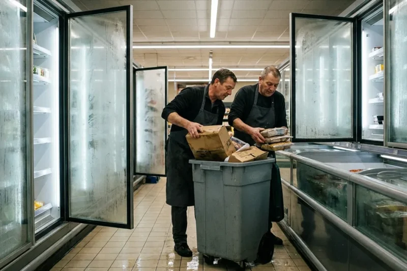 Two supermarket employees in aprons empty boxes and packaged food from a chest freezer into a grey waste bin in a frozen-food aisle with fogged freezer doors standing open