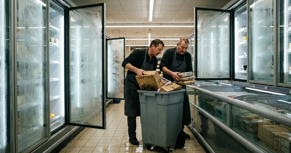 Two supermarket employees in aprons empty boxes and packaged food from a chest freezer into a grey waste bin in a frozen-food aisle with fogged freezer doors standing open
