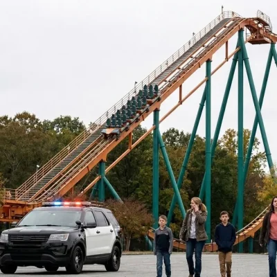 An empty roller coaster train stopped partway up an orange lift hill on teal supports, with a police SUV and two families walking across a parking lot in the foreground.