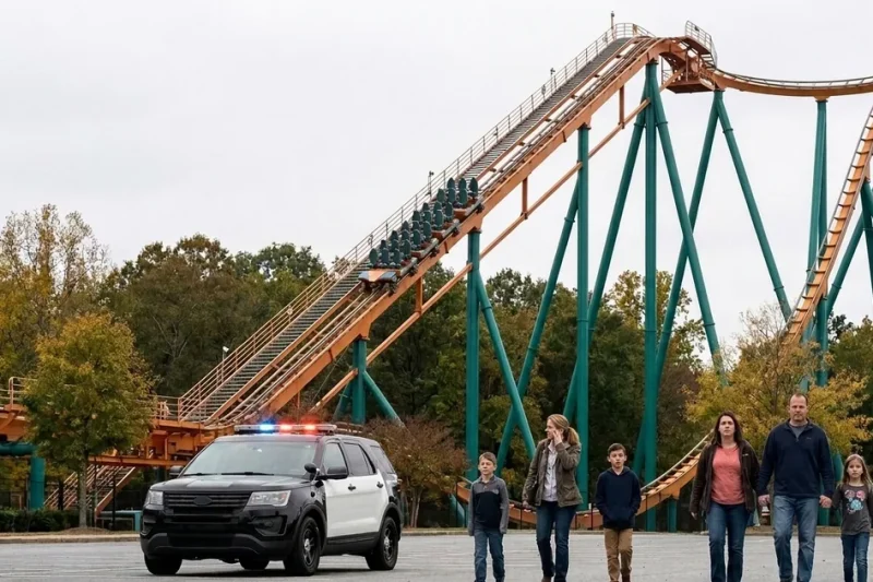 An empty roller coaster train stopped partway up an orange lift hill on teal supports, with a police SUV and two families walking across a parking lot in the foreground.