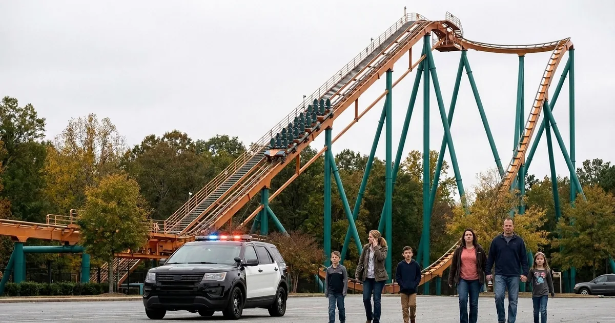 An empty roller coaster train stopped partway up an orange lift hill on teal supports, with a police SUV and two families walking across a parking lot in the foreground.