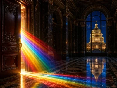 A Capitol corridor door ajar with a band of rainbow light across the marble floor and the dome in the window beyond