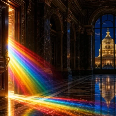 A Capitol corridor door ajar with a band of rainbow light across the marble floor and the dome in the window beyond