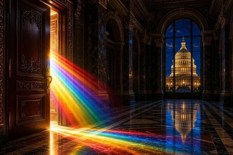 A Capitol corridor door ajar with a band of rainbow light across the marble floor and the dome in the window beyond