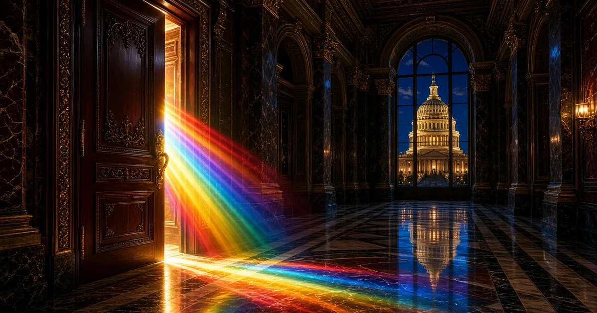 A Capitol corridor door ajar with a band of rainbow light across the marble floor and the dome in the window beyond