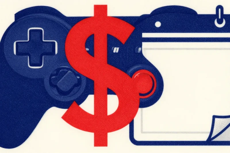 Flat two-color print of a navy video game controller behind a large red dollar sign and a blank desk calendar page