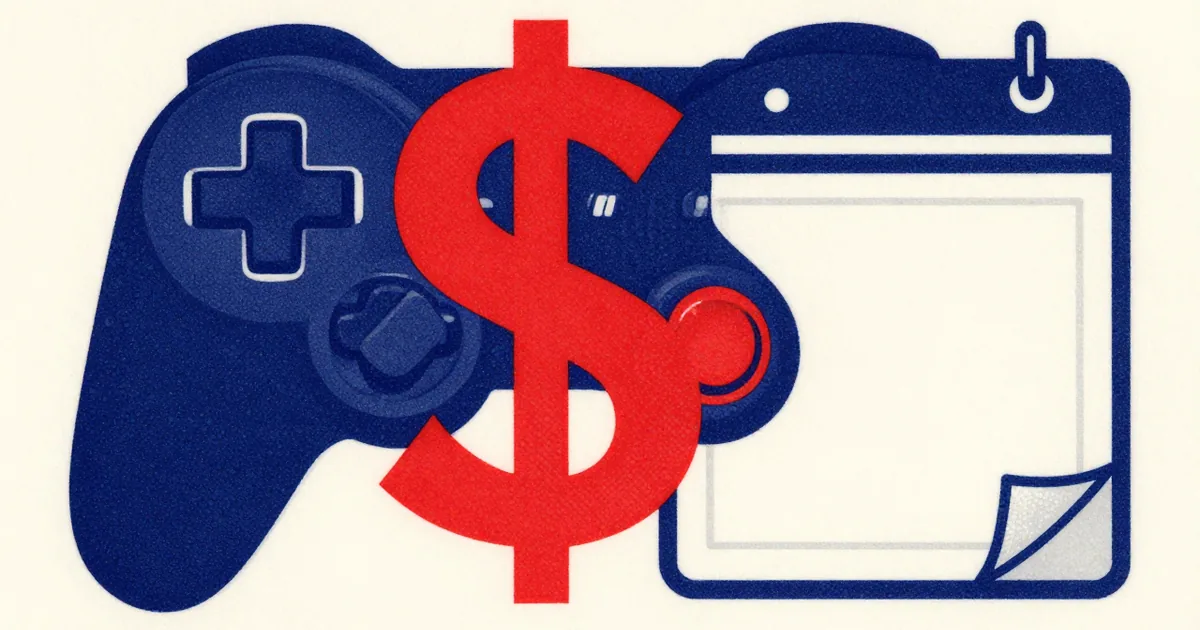 Flat two-color print of a navy video game controller behind a large red dollar sign and a blank desk calendar page
