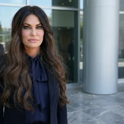 Kimberly Guilfoyle in a navy blazer and bow blouse stands outside the glass entrance of the U.S. Embassy in Athens with two men in dark suits behind her