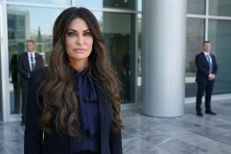 Kimberly Guilfoyle in a navy blazer and bow blouse stands outside the glass entrance of the U.S. Embassy in Athens with two men in dark suits behind her