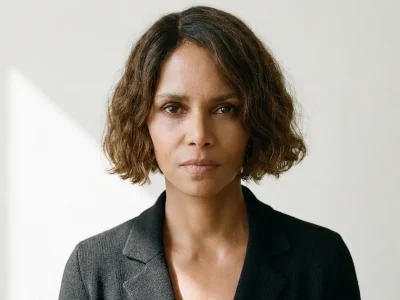 Portrait of Halle Berry in a dark jacket facing the camera against a plain white wall