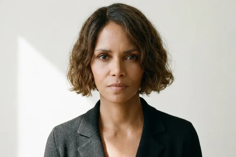 Portrait of Halle Berry in a dark jacket facing the camera against a plain white wall