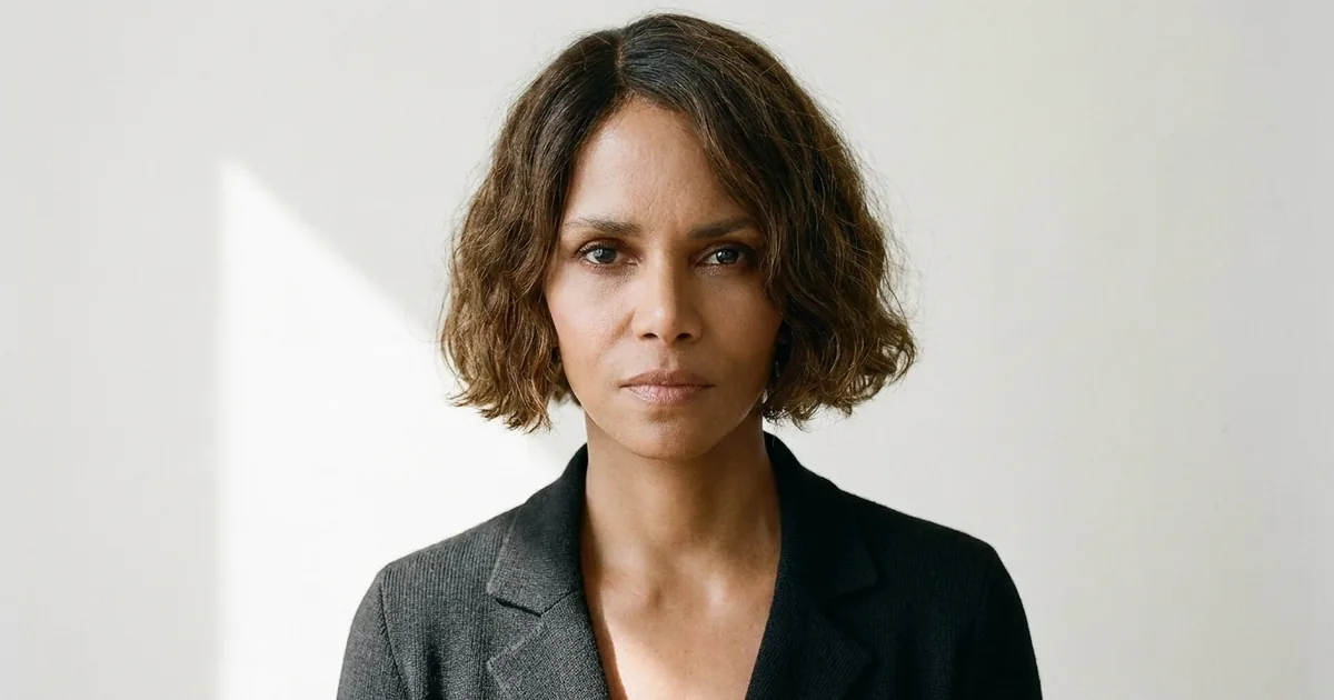 Portrait of Halle Berry in a dark jacket facing the camera against a plain white wall