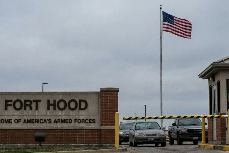 The Fort Hood entrance sign and guard booth under an overcast sky, with a military police soldier at the gate and cars waiting at the barrier