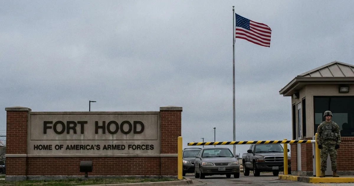 The Fort Hood entrance sign and guard booth under an overcast sky, with a military police soldier at the gate and cars waiting at the barrier
