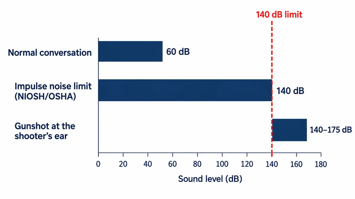 Bar chart comparing normal conversation at 60 dB, the 140 dB NIOSH and OSHA impulse noise limit, and a gunshot at the shooter's ear at 140 to 175 dB